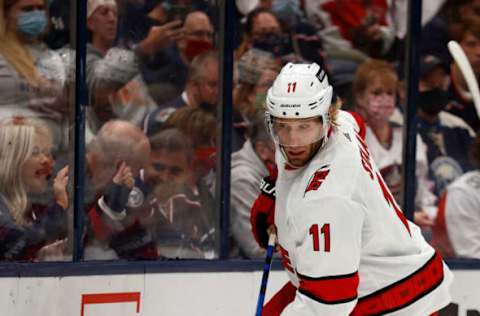 COLUMBUS, OH – OCTOBER 23: Jordan Staal #11 of the Carolina Hurricanes controls the puck during the game against the Columbus Blue Jackets at Nationwide Arena on October 23, 2021, in Columbus, Ohio. (Photo by Kirk Irwin/Getty Images)