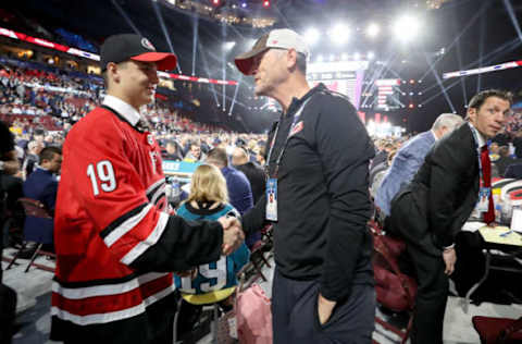 VANCOUVER, BRITISH COLUMBIA – JUNE 22: Jamieson Rees reacts after being selected 44th overall by the Carolina Hurricanes during the 2019 NHL Draft at Rogers Arena on June 22, 2019 in Vancouver, Canada. (Photo by Bruce Bennett/Getty Images)