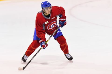 BROSSARD, QC – JULY 03: Look on Montreal Canadiens Rookie defenseman Josh Brook (45) skating during the Montreal Canadiens Development Camp on July 3, 2017, at Bell Sports Complex in Brossard, QC (Photo by David Kirouac/Icon Sportswire via Getty Images)