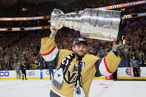 LAS VEGAS, NEVADA – JUNE 13: Jonathan Quick #32 of the Vegas Golden Knights celebrates the Stanley Cup victory over the Florida Panthers in Game Five of the 2023 NHL Stanley Cup Final at T-Mobile Arena on June 13, 2023 in Las Vegas, Nevada. (Photo by Bruce Bennett/Getty Images)