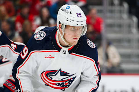 Jan 14, 2023; Detroit, Michigan, USA; Columbus Blue Jackets left wing Patrik Laine (29) during the second period against the Detroit Red Wings at Little Caesars Arena. Mandatory Credit: Tim Fuller-USA TODAY Sports