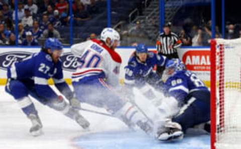 TAMPA, FLORIDA – JUNE 30: Joel Armia #40 of the Montreal Canadiens shoots against Andrei Vasilevskiy #88 of the Tampa Bay Lightning during the third period in Game Two of the 2021 NHL Stanley Cup Final at Amalie Arena on June 30, 2021 in Tampa, Florida. (Photo by Bruce Bennett/Getty Images)