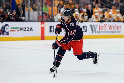 Oct 20, 2022; Columbus, Ohio, USA; Columbus Blue Jackets left wing Johnny Gaudreau (13) skates with the puck against the Nashville Predators in the second period at Nationwide Arena. Mandatory Credit: Aaron Doster-USA TODAY Sports