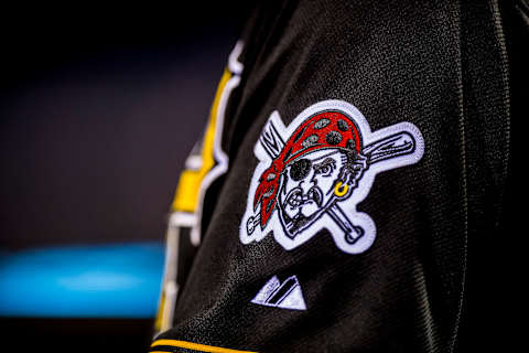 09 September 2014: The Pirates logo eyes the field during a Major League Baseball game between the Philadelphia Phillies and the Pittsburgh Pirates at Citizens Bank Park in Philadelphia, PA (Photo by Gavin Baker/Icon Sportswire/Corbis via Getty Images)