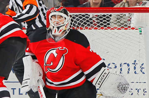 NEWARK, NJ – APRIL 13: Goaltender Martin Brodeur #30 of the New Jersey Devils defends the net against the Boston Bruins at the Prudential Center on April 13, 2014 in Newark, New Jersey. (Photo by Andy Marlin/NHLI via Getty Image