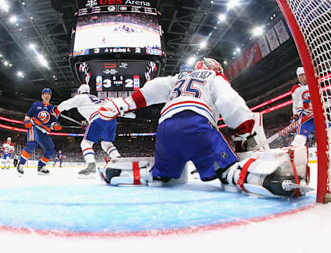 ELMONT, NEW YORK – APRIL 12: Sam Montembeault #35 of the Montreal Canadiens skates against the New York Islanders at the UBS Arena on April 12, 2023 in Elmont, New York. (Photo by Bruce Bennett/Getty Images)