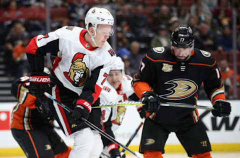 ANAHEIM, CA – JANUARY 09: Ryan Kesler #17 of the Anaheim Ducks battles Brady Tkachuk #7 of the Ottawa Senators for position during the second period of a game at Honda Center on January 9, 2019, in Anaheim, California. (Photo by Sean M. Haffey/Getty Images)