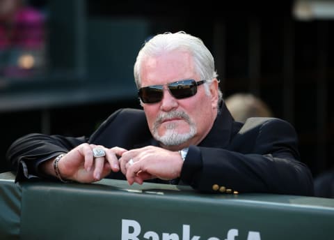 SAN FRANCISCO, CA – APRIL 18: Brian Sabean, executive vice president of baseball operations of the San Francisco Giants, looks on from the dugout before the San Francisco Giants 2014 World Series Ring ceremony before the game against the Arizona Diamondbacks at AT&T Park on Saturday, April 18, 2015 in San Francisco, California. (Photo by Brad Mangin/MLB Photos via Getty Images)