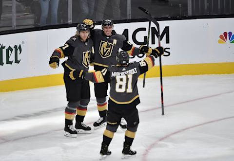 LAS VEGAS, NEVADA – OCTOBER 02: Reilly Smith #19 of the Vegas Golden Knights celebrates after scoring a goal during the first period against the San Jose Sharks at T-Mobile Arena on October 02, 2019 in Las Vegas, Nevada. (Photo by Chris Unger/NHLI via Getty Images)