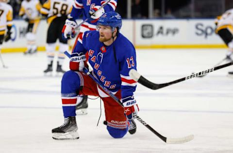 NEW YORK, NY – MARCH 18: Alexis Lafrenière #13 of the New York Rangers during warm-up prior to the game against the Pittsburgh Penguins on March 18, 2023, at Madison Square Garden in New York, New York. (Photo by Rich Graessle/Getty Images)