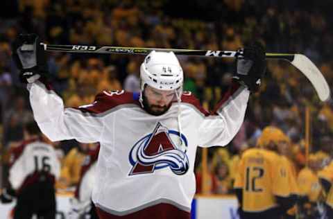 NASHVILLE, TN – APRIL 20: Colorado Avalanche defenseman Mark Barberio (44) stretches prior to Game Five of Round One of the Stanley Cup Playoffs between the Colorado Avalanche and Nashville Predators, held on April 20, 2018, at Bridgestone Arena in Nashville, Tennessee. (Photo by Danny Murphy/Icon Sportswire via Getty Images)