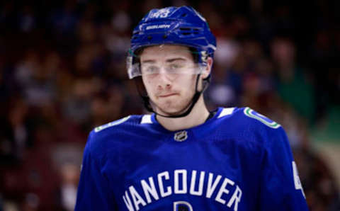 VANCOUVER, BC – APRIL 2: Quinn Hughes #43 of the Vancouver Canucks skates up ice during their NHL game against the San Jose Sharks at Rogers Arena April 2, 2019 in Vancouver, British Columbia, Canada. (Photo by Jeff Vinnick/NHLI via Getty Images)”n