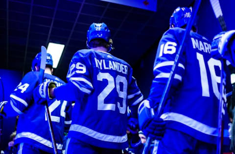 TORONTO, ON – MARCH 17: Kasperi Kapanen #24, William Nylander #29, and Mitchell Marner #16 of the Toronto Maple Leafs comes out of the dressing room to play the Montreal Canadiens at the Air Canada Centre on March 17, 2018 in Toronto, Ontario, Canada. (Photo by Mark Blinch/NHLI via Getty Images)