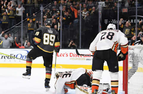 LAS VEGAS, NV – NOVEMBER 14: Alex Tuch #89 of the Vegas Golden Knights celebrates after scoring a goal during the first period against the Anaheim Ducks at T-Mobile Arena on November 14, 2018, in Las Vegas, Nevada. (Photo by Jeff Bottari/NHLI via Getty Images)