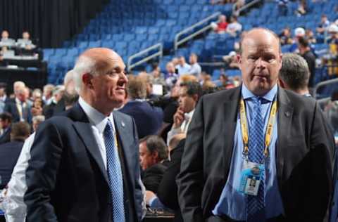 BUFFALO, NY – JUNE 24: (l-r) Lou Lamoriello and Mark Hunter of the Toronto Maple Leafs attend of the 2016 NHL Draft on June 24, 2016 in Buffalo, New York. (Photo by Bruce Bennett/Getty Images)