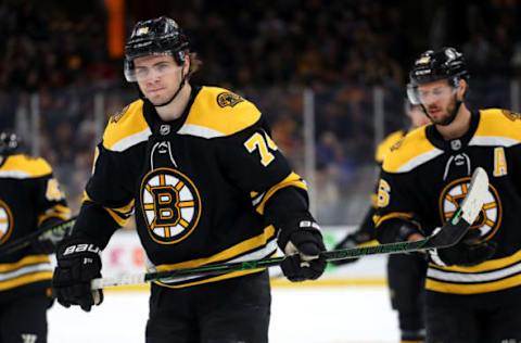 Jake DeBrusk #74 of the Boston Bruins. (Photo by Maddie Meyer/Getty Images)