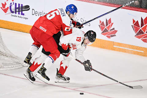 HALIFAX, CANADA – JANUARY 05: David Jiricek #5 of Team Czech Republic defends against Adam Fantilli #19 of Team Canada during the first period in the gold medal round of the 2023 IIHF World Junior Championship at Scotiabank Centre on January 5, 2023 in Halifax, Nova Scotia, Canada. (Photo by Minas Panagiotakis/Getty Images)