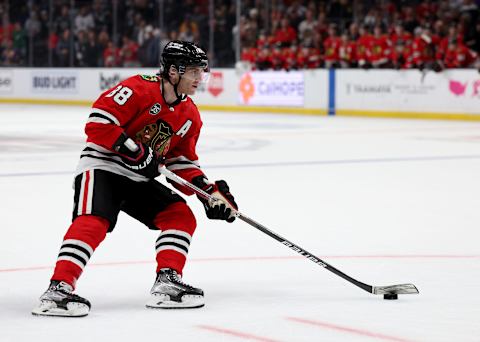 LOS ANGELES, CALIFORNIA – MARCH 24: Patrick Kane #88 of the Chicago Blackhawks skates in with the puck during a 4-3 Blackhawks win over the Los Angeles Kings at Crypto.com Arena on March 24, 2022 in Los Angeles, California. (Photo by Harry How/Getty Images)