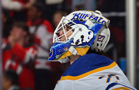 NEWARK, NEW JERSEY – APRIL 11: Devon Levi #27 of the Buffalo Sabres against the New Jersey Devils at the Prudential Center on April 11, 2023 in Newark, New Jersey. (Photo by Bruce Bennett/Getty Images)