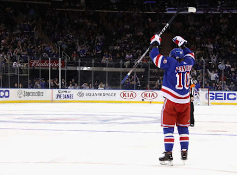 NEW YORK, NEW YORK – SEPTEMBER 18: Artemi Panarin #10 of the New York Rangers celebrates his second period goal against the New Jersey Devils at Madison Square Garden on September 18, 2019 in New York City. (Photo by Bruce Bennett/Getty Images)