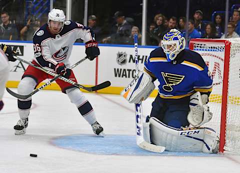 ST. LOUIS, MO – SEPTEMBER 20: St. Louis Blues goalie Ville Husso (35) gets ready to block a shot by Columbus Blue Jackets center Zac Dale (36) in the third period during a pre-season National Hockey League game between the Columbus Blue Jackets and the St. Louis Blues on September 20, 2017, at Scottrade Center in St. Louis, MO. (Photo by Keith Gillett/Icon Sportswire via Getty Images)