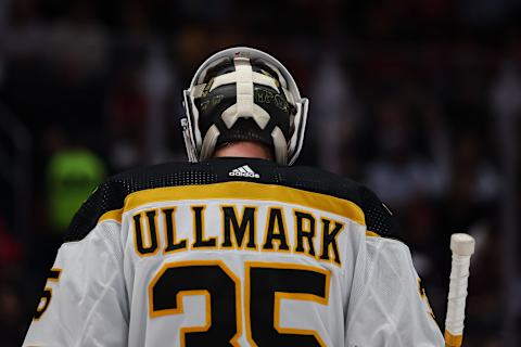 WASHINGTON, DC – OCTOBER 12: Linus Ullmark #35 of the Boston Bruins looks on against the Washington Capitals during the second period of the game at Capital One Arena on October 12, 2022 in Washington, DC. (Photo by Scott Taetsch/Getty Images)