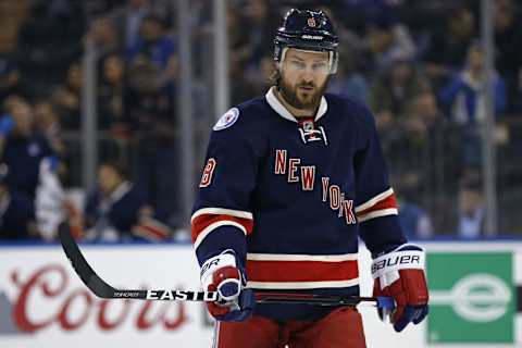 Dec 13, 2016; New York, NY, USA; New York Rangers defenseman Kevin Klein (8) prior to taking on the Chicago Blackhawks at Madison Square Garden. Mandatory Credit: Adam Hunger-USA TODAY Sports