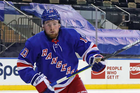 NEW YORK, NEW YORK – JANUARY 19: Alexis Lafreniere #13 of the New York Rangers skates against the New Jersey Devils at Madison Square Garden on January 19, 2021 in New York City. (Photo by Bruce Bennett/Getty Images)