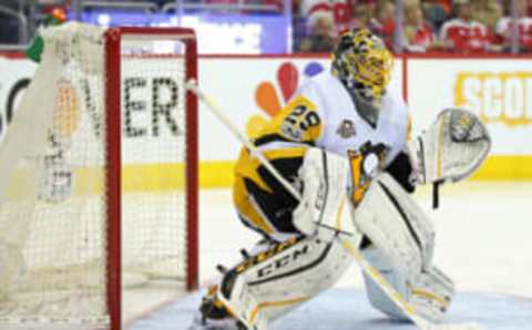 Pittsburgh Penguins goalie Marc-Andre Fleury (29) follows the puck (Geoff Burke-USA TODAY Sports)