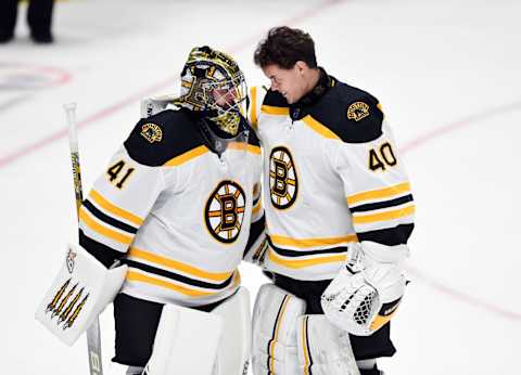 ANAHEIM, CA – FEBRUARY 15: Boston Bruins goalies Jaroslav Halak (41) and Tuukka Rask (40) celebrate on the ice after the Bruins defeated the Anaheim Ducks 3 to 0 in a game played on February 15, 2019 at the Honda Center in Anaheim, CA. (Photo by John Cordes/Icon Sportswire via Getty Images)