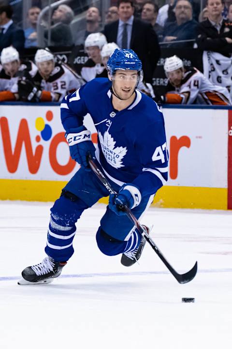 TORONTO, ON – FEBRUARY 07: Toronto Maple Leafs Center Pierre Engvall (47) skates with the puck during the NHL regular season game between the Anaheim Ducks and the Toronto Maple Leafs on February 7, 2020, at Scotiabank Arena in Toronto, ON, Canada. (Photo by Julian Avram/Icon Sportswire via Getty Images)