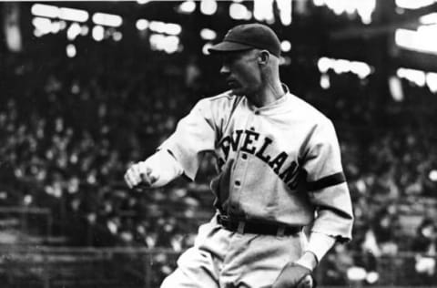 American professional baseball player and starting pitcher Stan Coveleski (1989 – 1984) of the Cleveland Indians gets ready to throw a pitch during a road game, 1920. Coveleski played for the Indians from 1916-1924 and was one of the 17 pitchers allowed to continue throwing a spitball pitch when it was outlawed in 1920. (Photo by Bruce Bennett Studios/Getty Images)