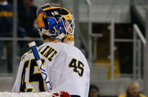 ANN ARBOR, MI – FEBRUARY 03: Michigan Wolverines goalie Jack LaFontaine (45) looks on during a regular season Big 10 Conference hockey game between the Wisconsin Badgers and Michigan Wolverines on February 3, 2018 at Yost Ice Arena in Ann Arbor, Michigan. (Photo by Scott W. Grau/Icon Sportswire via Getty Images)