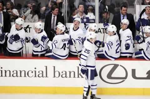 Oct 22, 2016; Chicago, IL, USA; Toronto Maple Leafs left wing James van Riemsdyk (25) and teammates celebrate his goal against the Chicago Blackhawks in the second period at the United Center. Mandatory Credit: Matt Marton-USA TODAY Sports