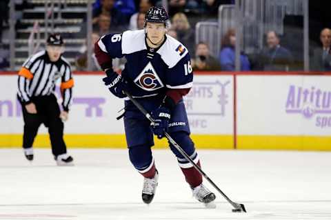 Nov 5, 2016; Denver, CO, USA; Colorado Avalanche defenseman Nikita Zadorov (16) skates the puck up ice in the second period against the Minnesota Wild at the Pepsi Center. Mandatory Credit: Isaiah J. Downing-USA TODAY Sports