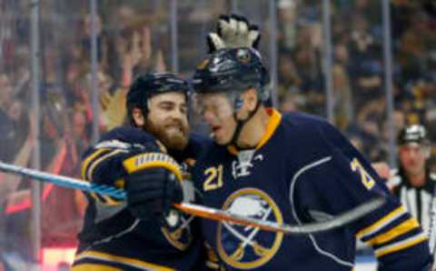 Buffalo Sabres center Ryan O’Reilly (90) celebrates his goal with Buffalo Sabres right wing Kyle Okposo (21) (Timothy T. Ludwig-USA TODAY Sports)