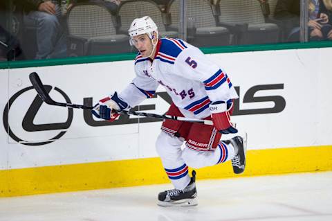 Dec 15, 2016; Dallas, TX, USA; New York Rangers defenseman Dan Girardi (5) in action during the game against the Dallas Stars at the American Airlines Center. The Rangers shut out the Stars 2-0. Mandatory Credit: Jerome Miron-USA TODAY Sports