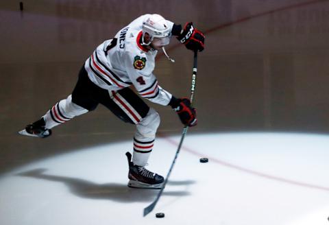 Apr 11, 2023; Pittsburgh, Pennsylvania, USA; Chicago Blackhawks defenseman Seth Jones (4) warms up before the game against the Pittsburgh Penguins at PPG Paints Arena. Mandatory Credit: Charles LeClaire-USA TODAY Sports