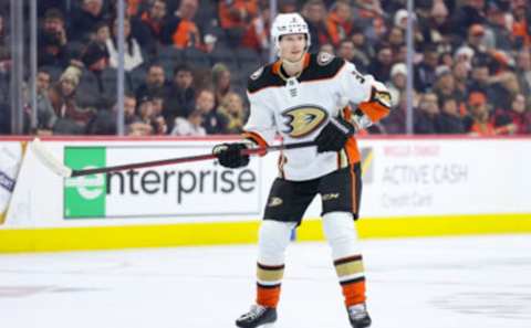 PHILADELPHIA, PENNSYLVANIA – JANUARY 17: John Klingberg #3 of the Anaheim Ducks looks on against the Philadelphia Flyers at Wells Fargo Center on January 17, 2023 in Philadelphia, Pennsylvania. (Photo by Tim Nwachukwu/Getty Images)