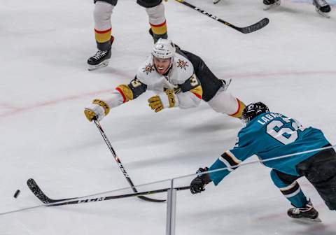 SAN JOSE, CA – APRIL 18: Vegas Golden Knights defenseman Brayden McNabb (3) and San Jose Sharks right wing Kevin Labanc (62) stretch for the puck during Game 5, Round 1 between the Vegas Golden Knights and the San Jose Sharks on Thursday, April 18, 2019 at the SAP Center in San Jose, California. (Photo by Douglas Stringer/Icon Sportswire via Getty Images)