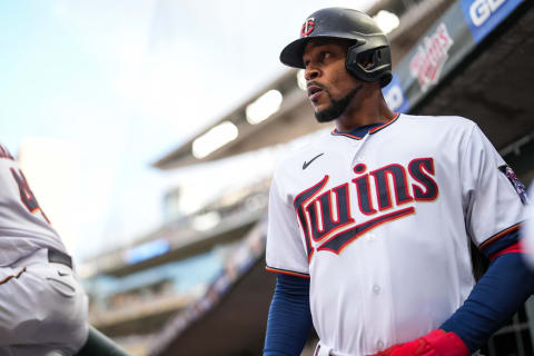 MINNEAPOLIS, MN – AUGUST 20: Byron Buxton #25 of the Minnesota Twins looks on against the Texas Rangers on August 20, 2022 at Target Field in Minneapolis, Minnesota. (Photo by Brace Hemmelgarn/Minnesota Twins/Getty Images)