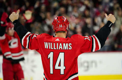 RALEIGH, NC – JANUARY 21: Carolina Hurricanes Goalie Petr Mrazek (34) celebrates during the storm surge after a game between the Carolina Hurricanes and the Winnipeg Jets on January 21, 2020 at the PNC Arena in Raleigh, NC. (Photo by Greg Thompson/Icon Sportswire via Getty Images)