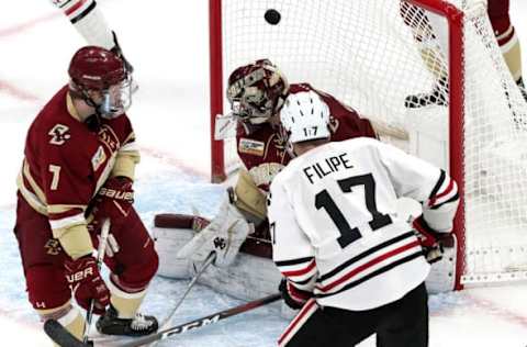 BOSTON, MA – MARCH 23: Northeastern Huskies forward Matt Filipe (17) scores first for Northeastern Huskies for a 1-0 lead in the first period. Boston College faces Northeastern University in the Hockey East Championship game at TD Garden in Boston on March 23, 2019. (Photo by Barry Chin/The Boston Globe via Getty Images)