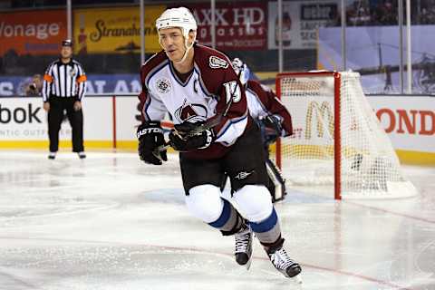 DENVER, CO – FEBRUARY 26: Joe Sakic #19 of the Colorado Avalanche skates against the Detroit Red Wings during the 2016 Coors Light Stadium Series Alumni Game at Coors Field on February 26, 2016 in Denver, Colorado. The Avalanche defeated the Red Wings 5-2. (Photo by Doug Pensinger/Getty Images)