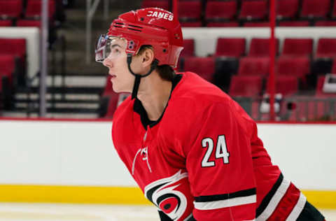 RALEIGH, NC – June 30: Carolina Hurricanes Jake Bean (24) warms up during the Canes Prospect Game at the PNC Arena in Raleigh, NC on June 30, 2018. (Photo by Greg Thompson/Icon Sportswire via Getty Images)