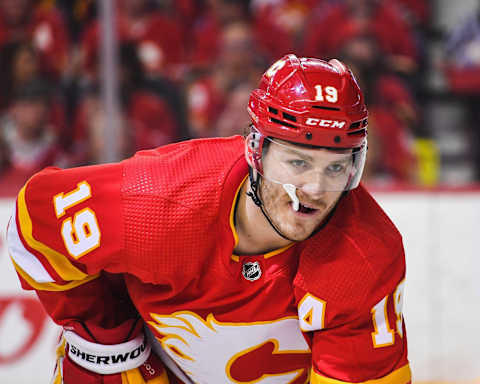 CALGARY, AB – MAY 15: Matthew Tkachuk #19 of the Calgary Flames in action against the Dallas Stars during Game Seven of the First Round of the 2022 Stanley Cup Playoffs at Scotiabank Saddledome on May 15, 2022 in Calgary, Alberta, Canada. The Flames defeated the Stars 3-2 in overtime. (Photo by Derek Leung/Getty Images)