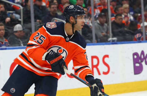 EDMONTON, AB – DECEMBER 27: Edmonton Oilers Defenceman Darnell Nurse (25) in game action in the second period during the Edmonton Oilers game versus the Vancouver Canucks on December 27, 2018 at Rogers Place in Edmonton, AB. (Photo by Curtis Comeau/Icon Sportswire via Getty Images)