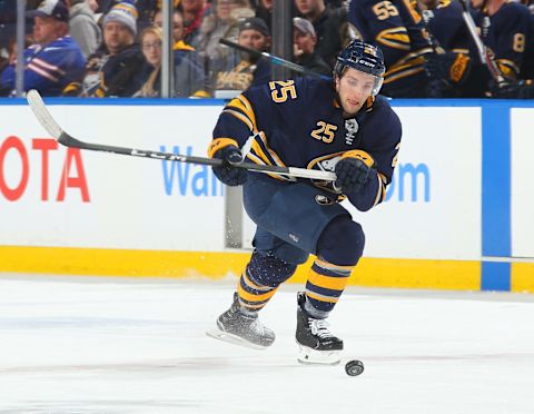 BUFFALO, NY – MARCH 7: Seth Griffith #25 of the Buffalo Sabres skates during an NHL game against the Calgary Flames on March 7, 2018 at KeyBank Center in Buffalo, New York. (Photo by Bill Wippert/NHLI via Getty Images)