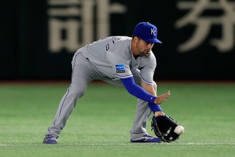 TOKYO, JAPAN – NOVEMBER 08: Infielder Whit Merrifield #15 of the Kansas City Royals fields in the bottom of 5th inning during the exhibition game between Yomiuri Giants and the MLB All Stars at Tokyo Dome on November 8, 2018 in Tokyo, Japan. (Photo by Kiyoshi Ota/Getty Images)