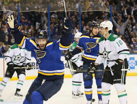 The St. Louis Blues’ Troy Brouwer, left, reacts after assisting on a goal by teammate Alexander Steen, second from right, in the first period during Game 3 of a Western Conference semifinal on Tuesday, May 3, 2016, at the Scottrade Center in St. Louis.(Chris Lee/St. Louis Post-Dispatch/TNS via Getty Images)